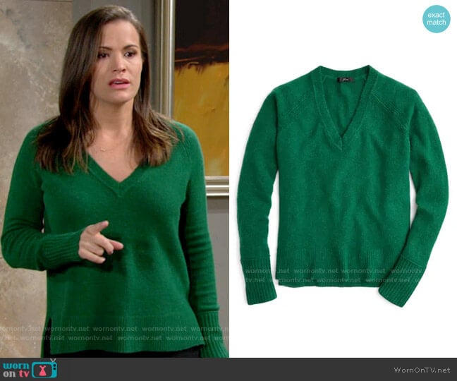 J. Crew Supersoft Yarn V-Neck Sweater in Hthr Alpine Meadow worn by Chelsea Lawson (Melissa Claire Egan) on The Young and the Restless