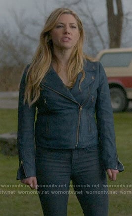 Jenny's blue leather moto jacket on Big Sky