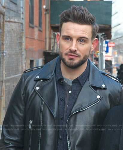 Josh’s black leather moto jacket on Younger