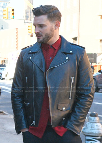 Josh’s black leather moto jacket on Younger