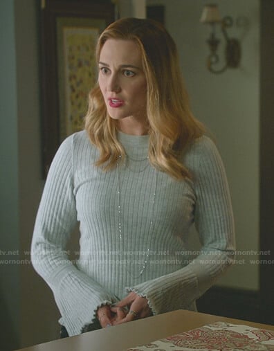 Joy’s grey ribbed bell sleeve sweater on Good Witch