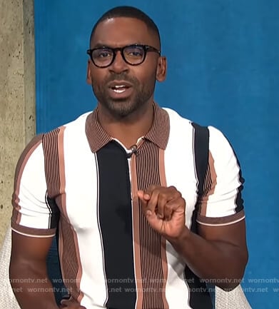 Justin’s brown, black and white striped polo shirt on E! News Daily Pop