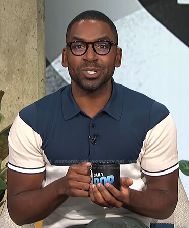 Justin’s navy colorblock polo shirt on E! News Daily Pop