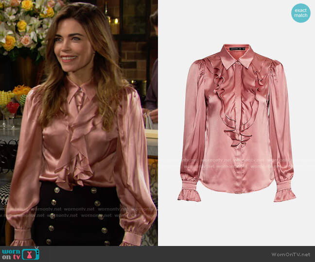 Karen Millen Silk Ruffle Sleeved Shirt With Cuff Detail worn by Victoria Newman (Amelia Heinle) on The Young and the Restless