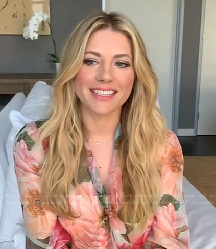 Katheryn Winnick’s floral tie neck blouse on Live with Kelly and Ryan