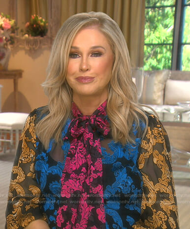 Kathy's multicolor tie neck blouse on The Real Housewives of Beverly Hills