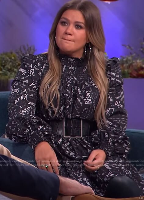 Kelly’s black letter printed dress on The Kelly Clarkson Show