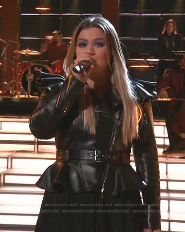 Kelly’s black ruffle shoulder leather jacket on The Voice