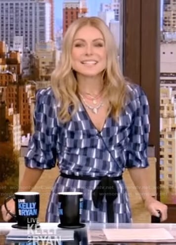 Kelly’s blue geometric print wrap dress on Live with Kelly and Ryan