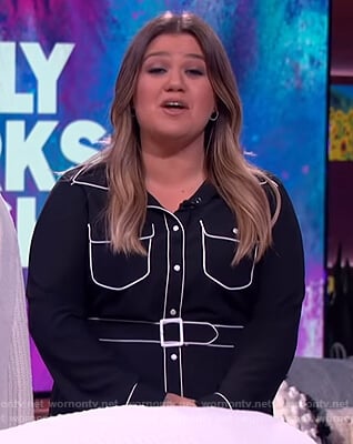 Kelly’s black shirtdress with contrast piping on The Kelly Clarkson Show