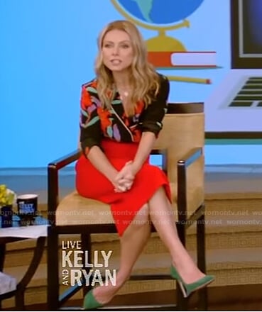 Kelly’s floral shirt and red skirt on Live with Kelly and Ryan