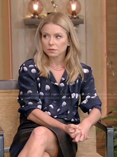 Kelly's navy dotted tie neck blouse on Live with Kelly and Ryan