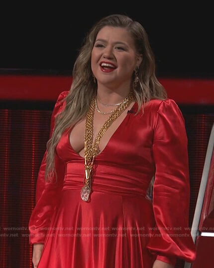 Kelly’s red plunge neck dress on The Voice
