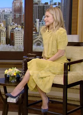 Kelly’s yellow corduroy dress on Live with Kelly and Ryan