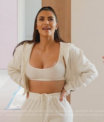Kim’s white hoodie and pants on Keeping Up with the Kardashians