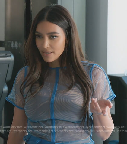 Kim's blue mesh printed top on Keeping Up with the Kardashians