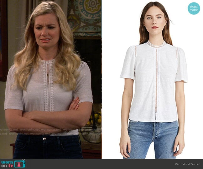 La Vie Rebecca Taylor Short Sleeve Lace Linen Jersey Tee worn by Gemma (Beth Behrs) on The Neighborhood