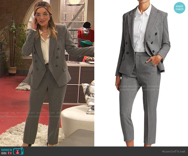 Kenzie Double-Breasted Blazer and Ludivine Pinstripe Cropped Pants by L'Agence worn by Chelsea Grayson (Anneliese van der Pol) on Ravens Home