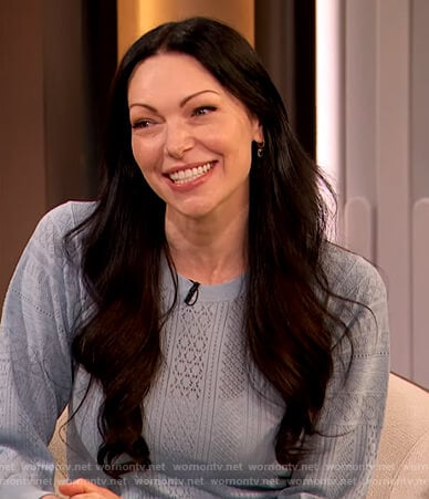 Laura Prepon’s blue pointelle sweater on The Drew Barrymore Show