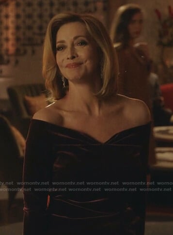 Laura's purple off-shoulder velvet dress on Dynasty