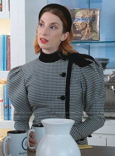 Lauren’s black gingham check puff sleeve dress on Younger