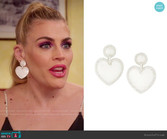 Lele Sadoughi Jeweled-Stitched White Heart Drop Earrings worn by Summer Dutkowsky (Busy Philipps) on Girls5eva