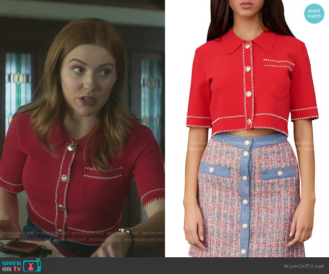 Embroidered Crop Cardigan Sweater by Maje worn by Nancy Drew (Kennedy McMann) on Nancy Drew