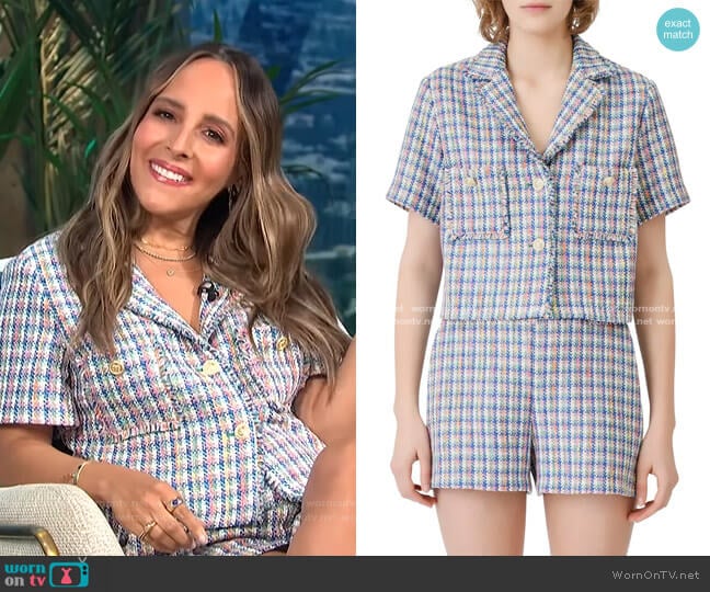 Vizam Short Sleeve Tweed Jacket and Zam Tweed Shorts by Maje worn by Lilliana Vazquez on E! News