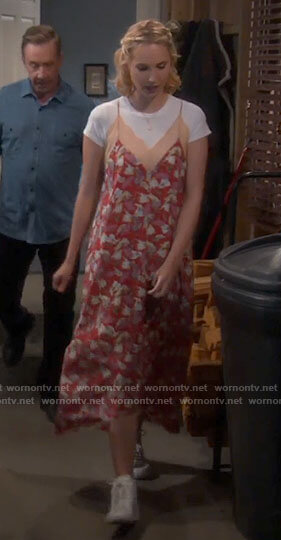 Mandy's red floral lace-trim slip dress on Last Man Standing