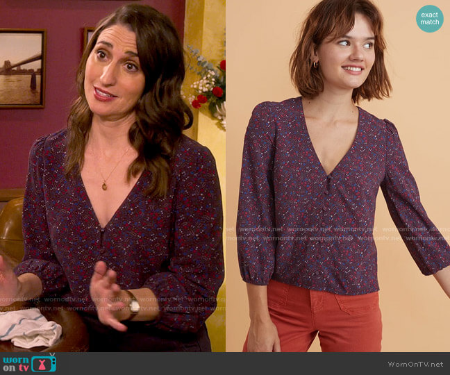 Marine Layer Stacy Button Front Top in Cabernet Ditsy Floral worn by Dawn Solano (Sara Bareilles) on Girls5eva