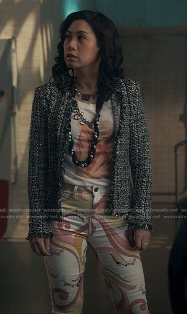 Mel's tweed jacket, swirl print jeans and Marilyn Monroe tee on The Equalizer