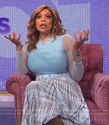Wendy’s blue mesh bodysuit and printed skirt on The Wendy Williams Show