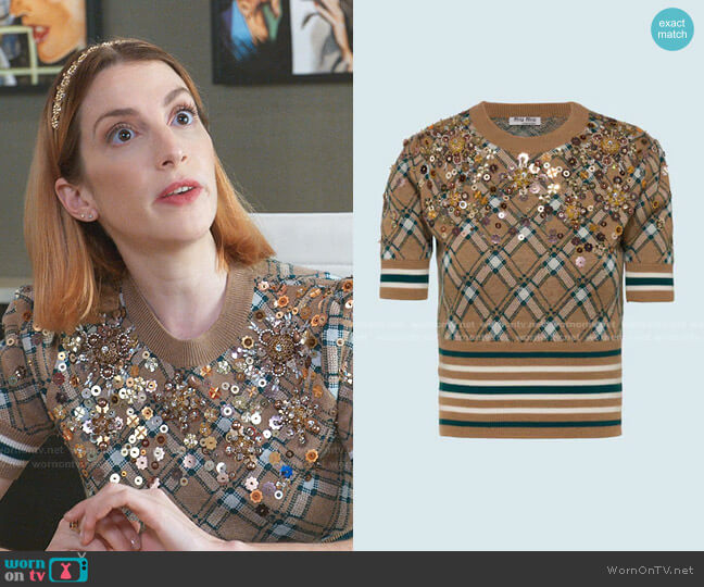 Embellished Wood Sweater by Miu Miu worn by Lauren (Molly Bernard) on Younger