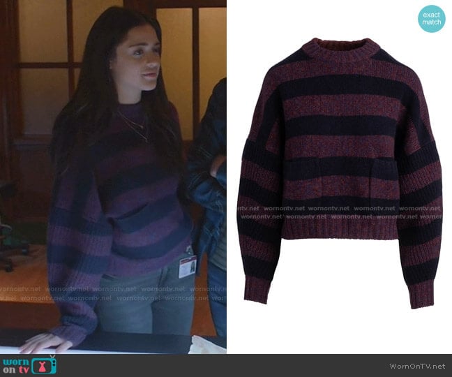 Striped Cropped Crewneck Cashmere Sweater by Naadam worn by Olive Stone (Luna Blaise) on Manifest