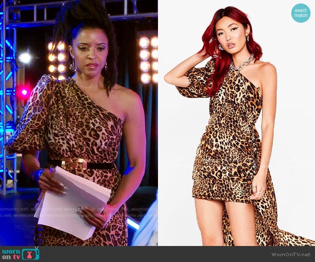 Nasty Gal Leopard One Shoulder Train Detail Dress worn by Wickie Roy (Renée Elise Goldsberry) on Girls5eva