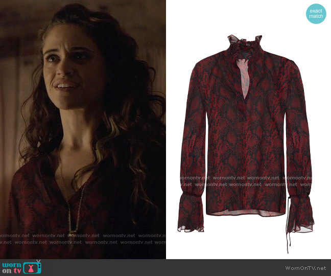 Nili Lotan Demi ruffle-trimmed snake-print silk-chiffon blouse worn by Angelique on Batwoman