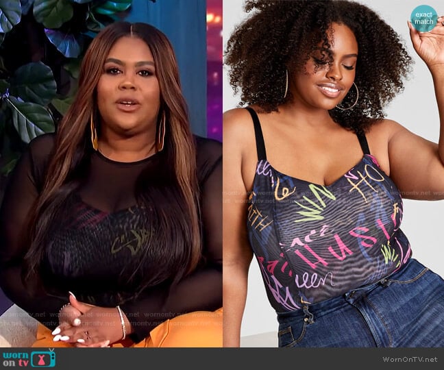 Trendy Plus Size Sleeveless Mesh Bodysuit by Nina Parker worn by Nina Parker on E! News