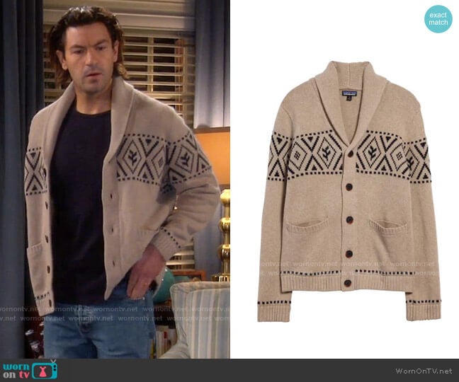 Patagonia Recycled Wool Shawl-Collar Cardigan worn by Ryan Vogelson (Jordan Masterson) on Last Man Standing