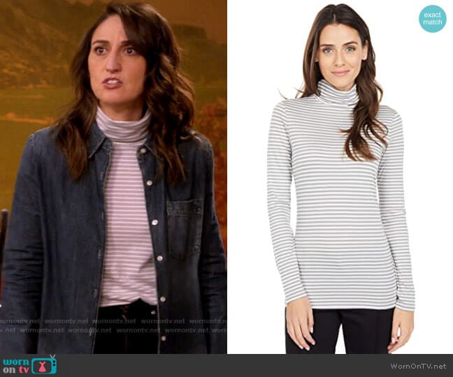 WornOnTV: Dawn’s grey striped turtleneck top and denim shirt on ...