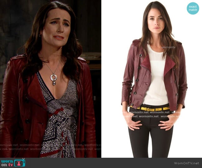 3.1 Phillip Lim Ruffle Leather Jacket in Berry  worn by Quinn Fuller (Rena Sofer) on The Bold and the Beautiful