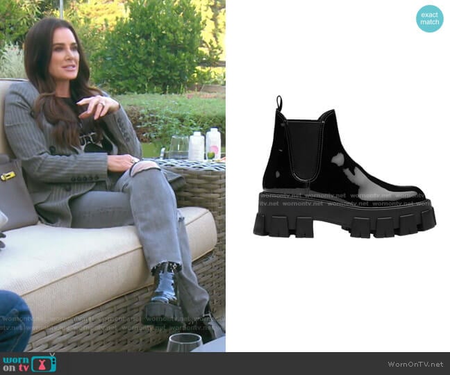 Monolith Patent Leather Booties by Prada worn by Kyle Richards on The Real Housewives of Beverly Hills