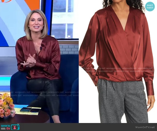 WornOnTV: Amy’s burgundy wrap top and leather pants on Good Morning ...