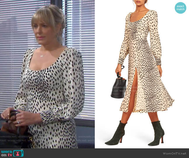 Alessi Cheetah Print Long Sleeve Dress by Reformation worn by Nicole Walker (Arianne Zucker) on Days of our Lives