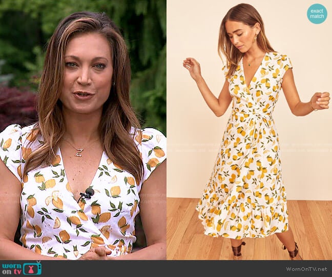 Apricot Wrap Dress in Lemon print by Reformation worn by Ginger Zee on Good Morning America