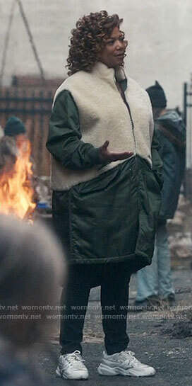 Robyn's green shearling panel coat on The Equalizer