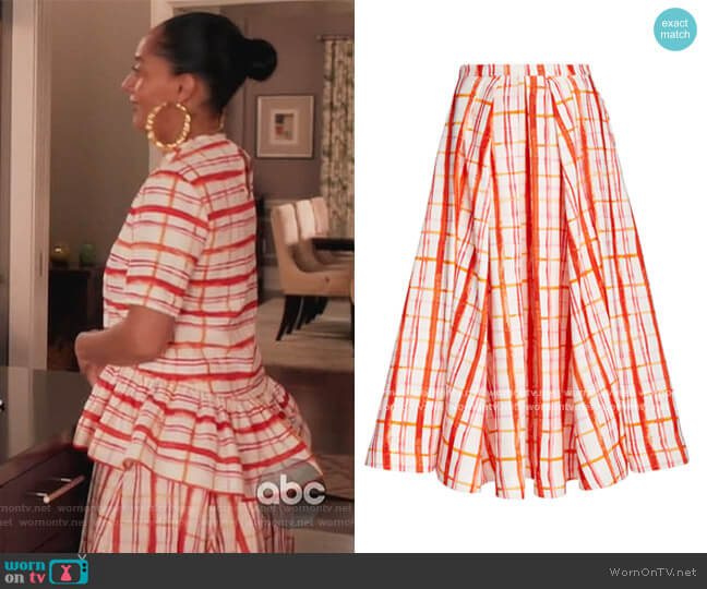 Pleated Plaid Cotton-Blend Midi Skirt by Rosie Assoulin worn by Rainbow Johnson (Tracee Ellis Ross) on Black-ish