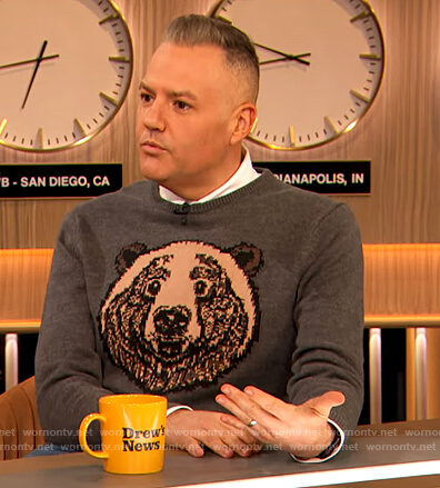 Ross Mathew’s gray bear print sweater on The Drew Barrymore Show