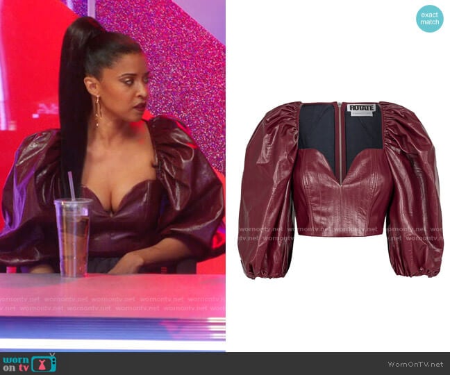 Rotate Birger Christensen Irina Faux Leather Puff-Sleeve Top worn by Wickie Roy (Renée Elise Goldsberry) on Girls5eva