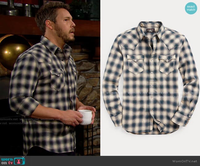 RRL Slim Fit Plaid Brushed Western Shirt worn by Liam Spencer (Scott Clifton) on The Bold and the Beautiful