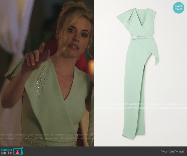 Asymmetric Draped Crystal Embellished Blouse by Safiyaa worn by Kelly Anne Van Awken (Molly Burnett) on Queen of the South